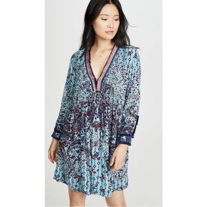 Poupette St Barth Ola Long Sleeve Mini Dress Light Blue Paisley